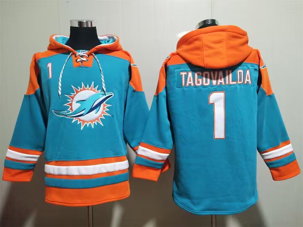 Men's Aqua Miami Dolphins #1 Tua Tagovailoa Lace-Up Pullover Hoodie